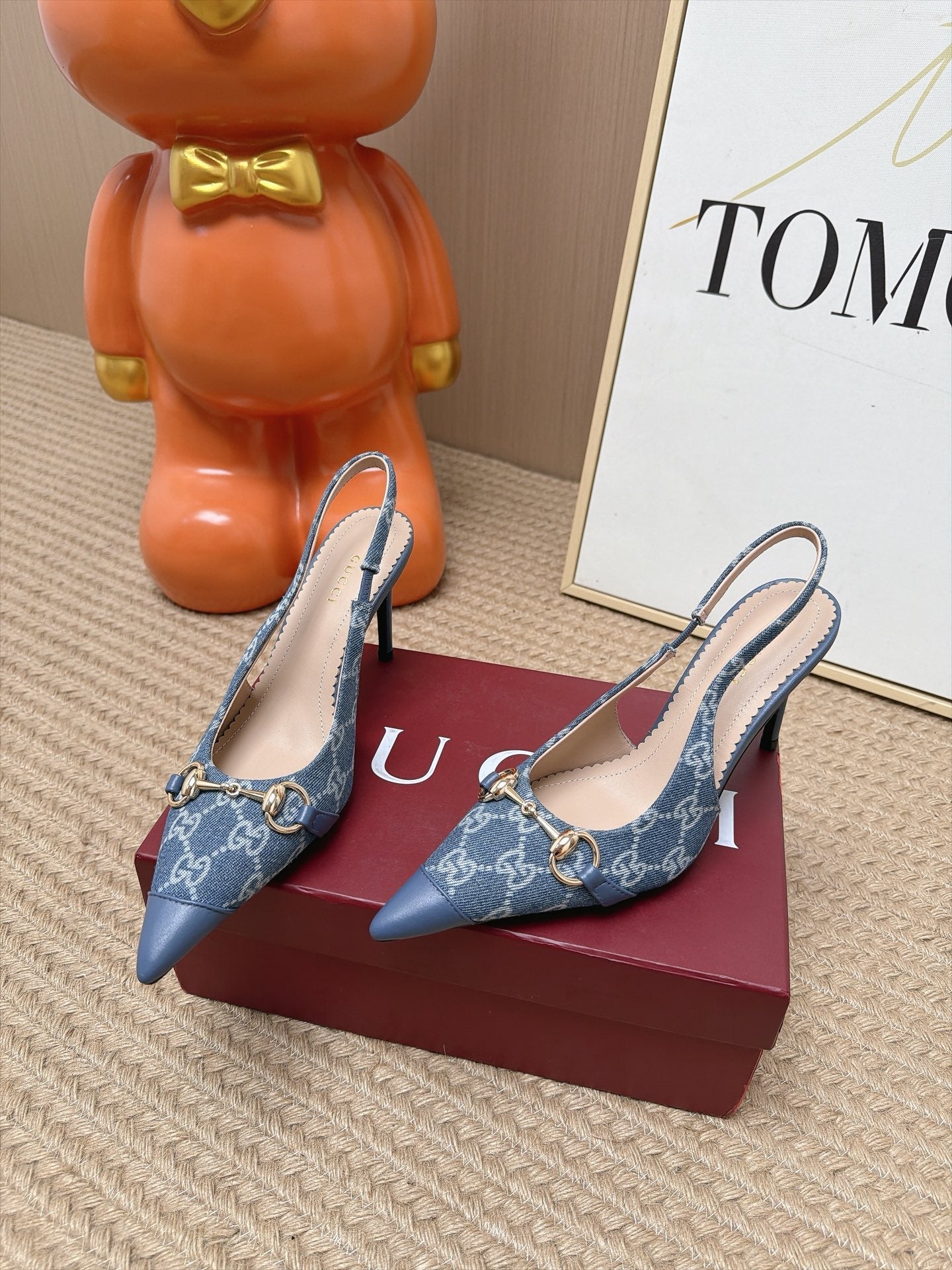 GUCCI 26S SLINGBACK HEELS 105 MM IN BLUE DENIM MIX LAMBSKIN