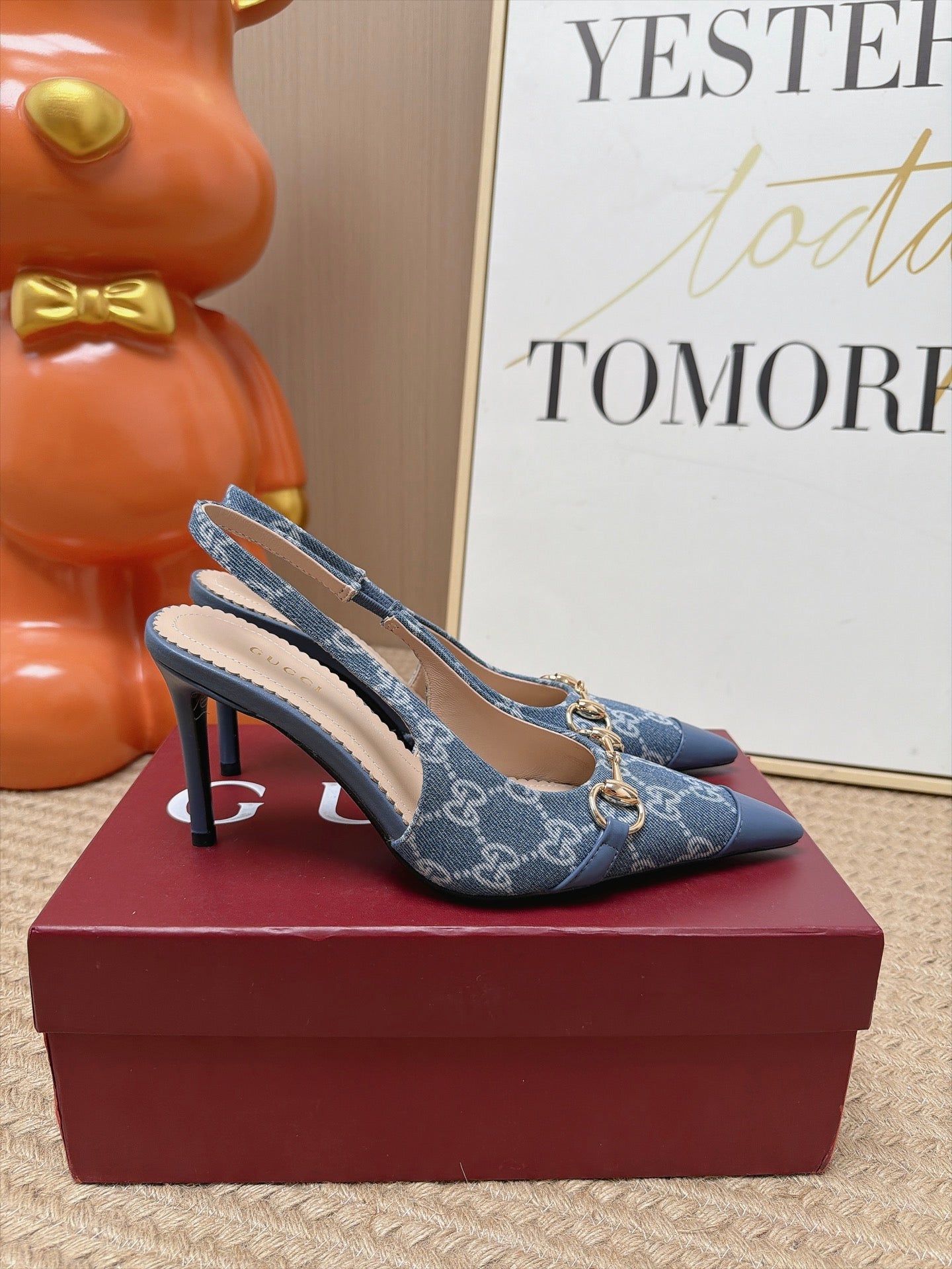 GUCCI 26S SLINGBACK HEELS 105 MM IN BLUE DENIM MIX LAMBSKIN