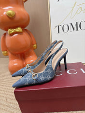 GUCCI 26S SLINGBACK HEELS 105 MM IN BLUE DENIM MIX LAMBSKIN