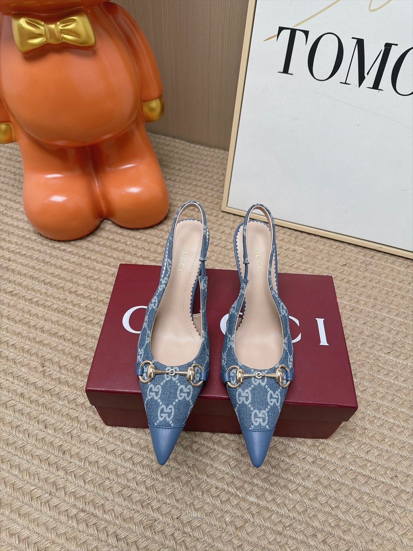 GUCCI 26S SLINGBACK HEELS 105 MM IN BLUE DENIM MIX LAMBSKIN