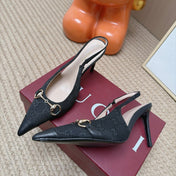 GUCCI 26S SLINGBACK HEELS 105 MM IN BLACK CANVAS MIX LAMBSKIN