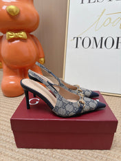 GUCCI 26S SLINGBACK HEELS 105 MM IN GREY CANVAS MIX NAVY BLUE LAMBSKIN
