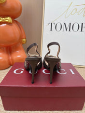 GUCCI 26S SLINGBACK HEELS 105 MM IN DARK BROWN CANVAS MIX LAMBSKIN
