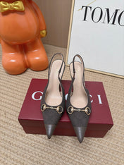 GUCCI 26S SLINGBACK HEELS 105 MM IN DARK BROWN CANVAS MIX LAMBSKIN