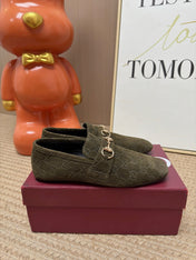 GUCCI 26S LOAFERS IN OLIVE GREEN GG EMBOSSED SUEDE