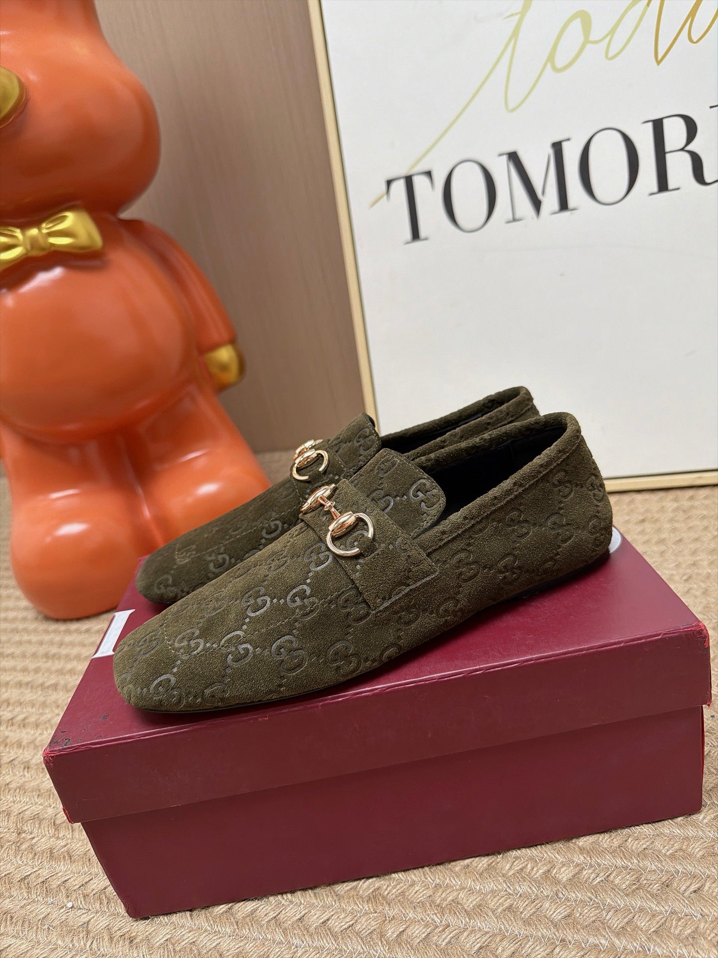 GUCCI 26S LOAFERS IN OLIVE GREEN GG EMBOSSED SUEDE