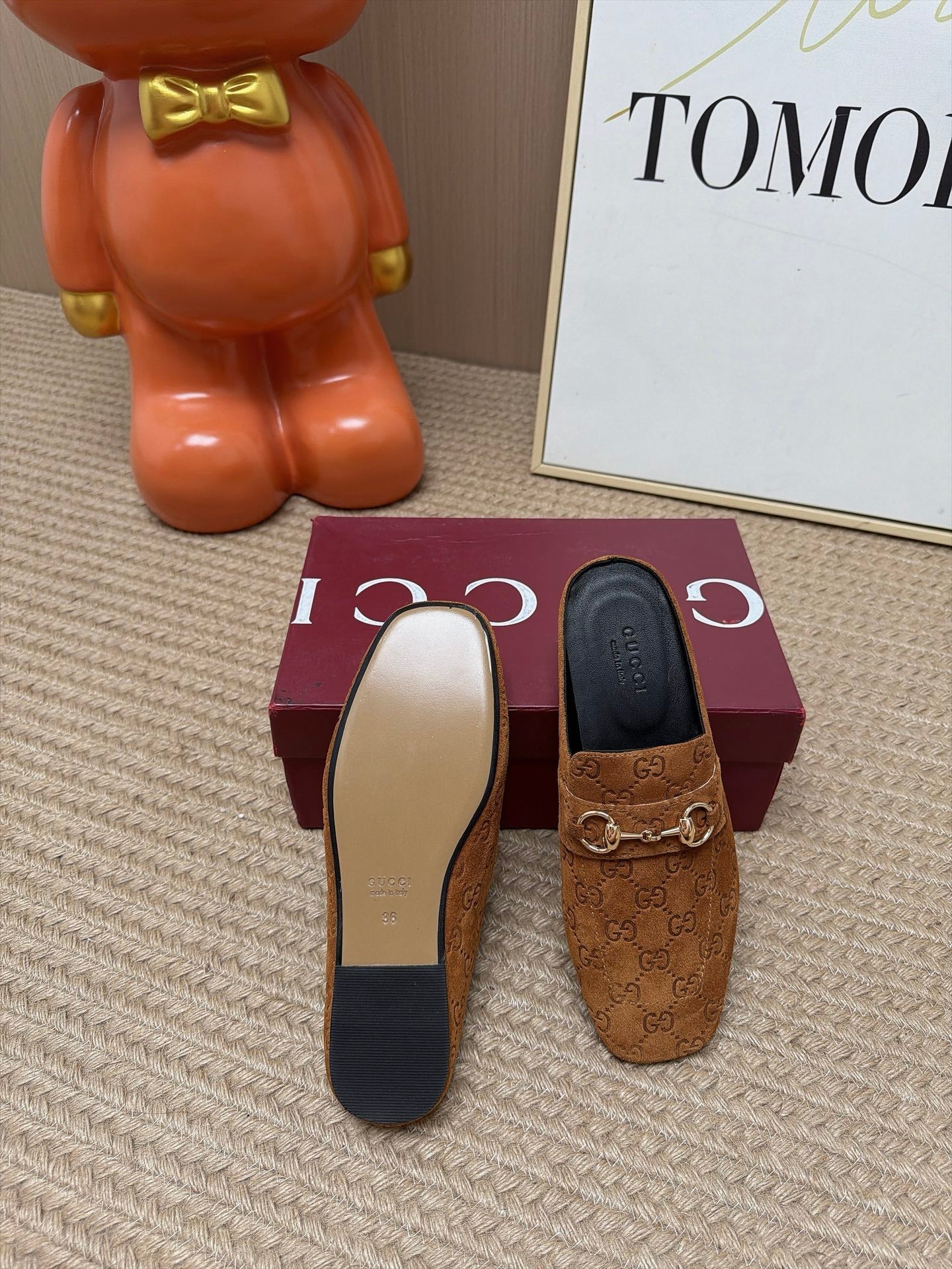 GUCCI 26S FLAT MULES IN BROWN GG EMBOSSED SUEDE