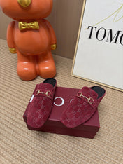GUCCI 26S FLAT MULES IN DARK RED GG EMBOSSED SUEDE