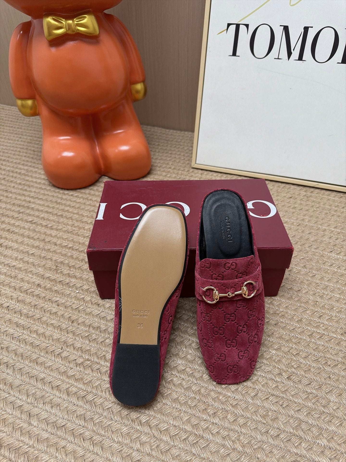 GUCCI 26S FLAT MULES IN DARK RED GG EMBOSSED SUEDE