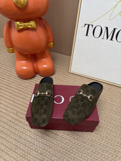 GUCCI 26S FLAT MULES IN OLIVE GREEN GG EMBOSSED SUEDE
