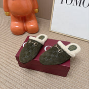 GUCCI 26S SHEARLING-LINED MULES IN OLIVE GREEN SUEDE