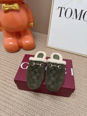 GUCCI 26S SHEARLING-LINED MULES IN OLIVE GREEN SUEDE