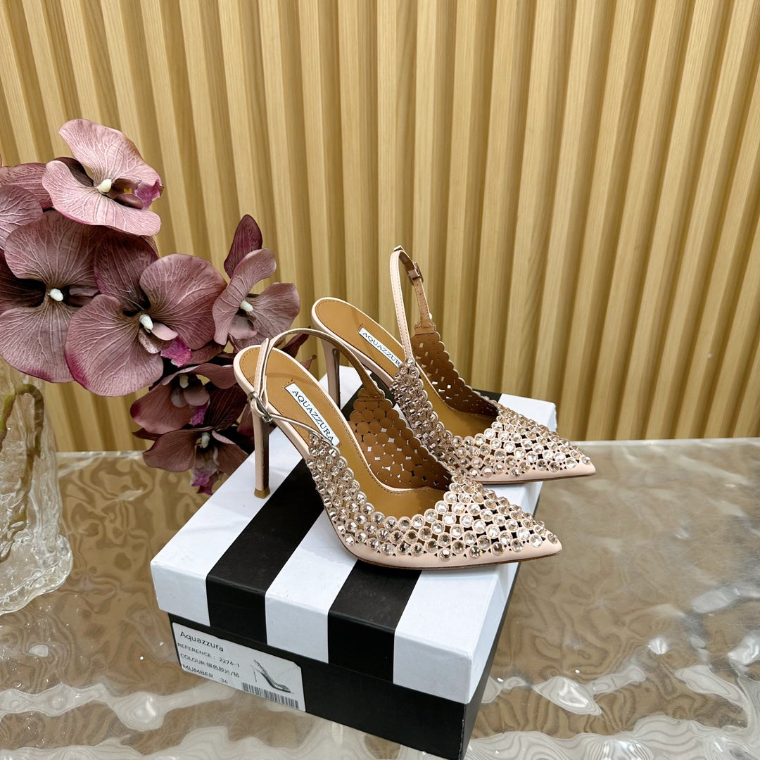 AQUAZZURA 26S SLINGBACK PUMPS 105 MM IN BEIGE CALFSKIN WITH CRYSTAL