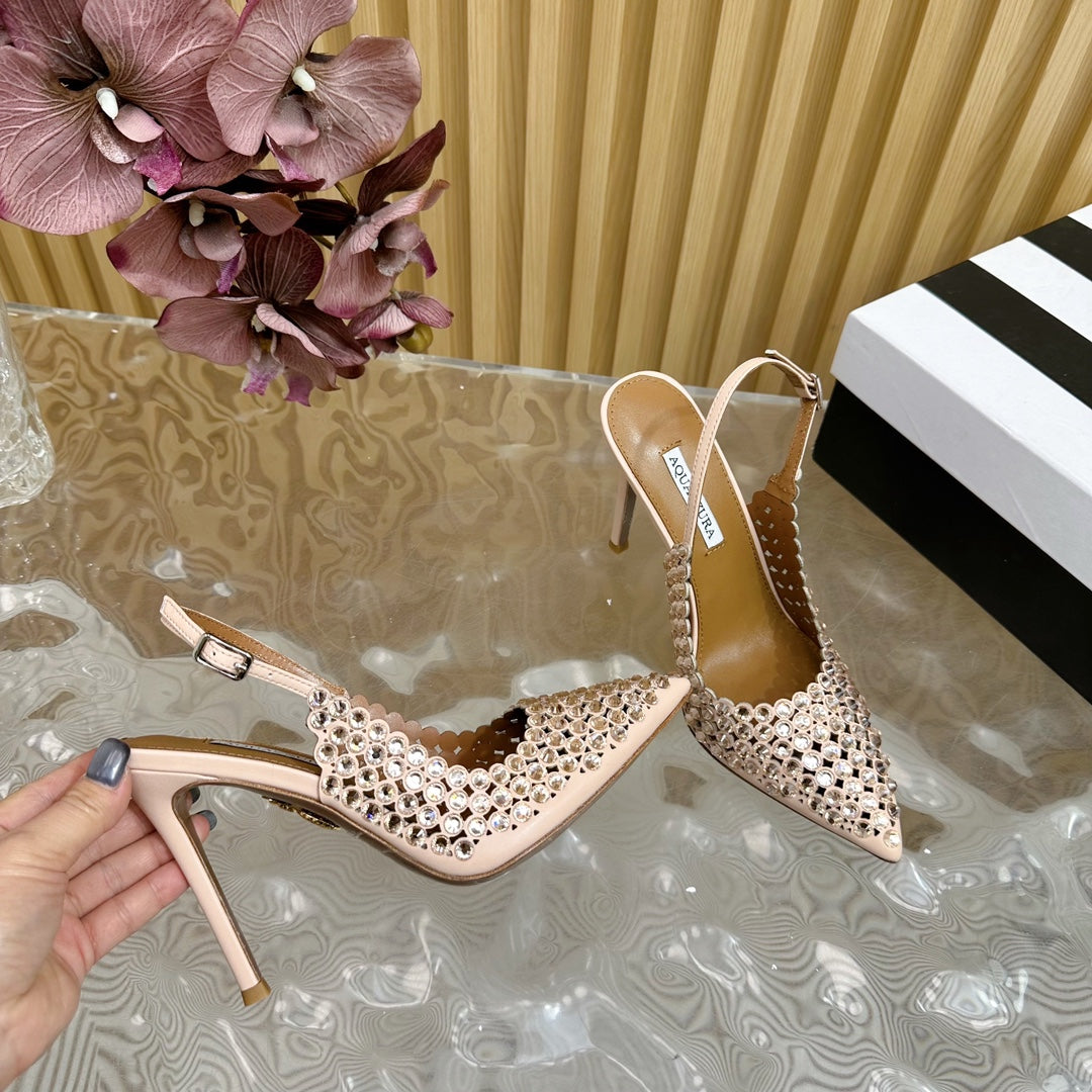 AQUAZZURA 26S SLINGBACK PUMPS 105 MM IN BEIGE CALFSKIN WITH CRYSTAL