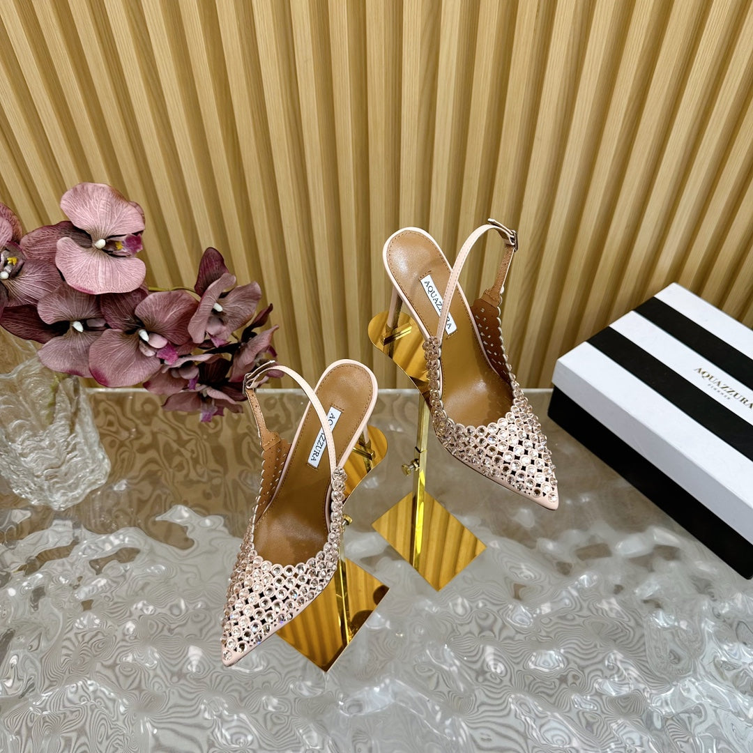AQUAZZURA 26S SLINGBACK PUMPS 105 MM IN BEIGE CALFSKIN WITH CRYSTAL