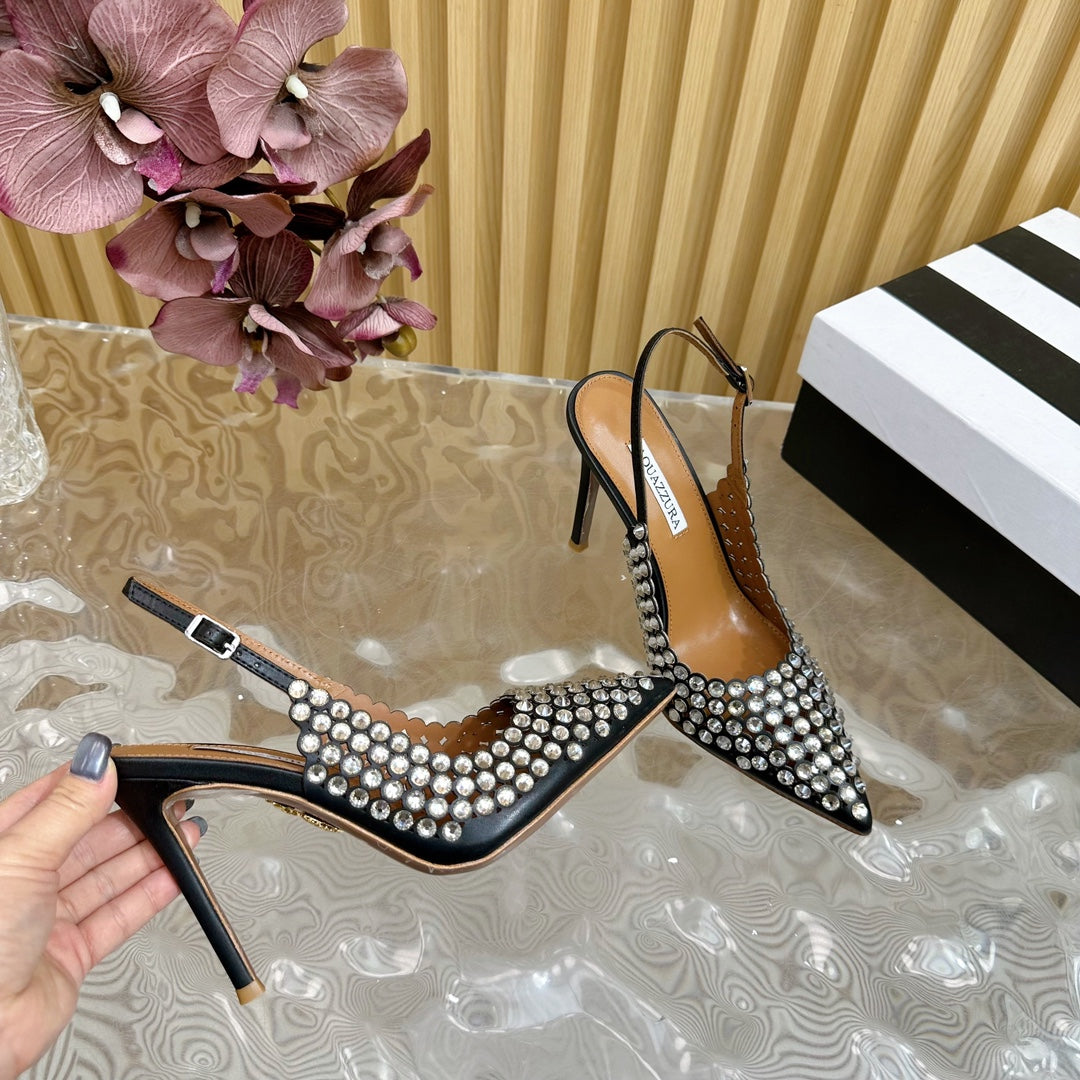AQUAZZURA 26S SLINGBACK PUMPS 105 MM IN BLACK CALFSKIN WITH CRYSTAL