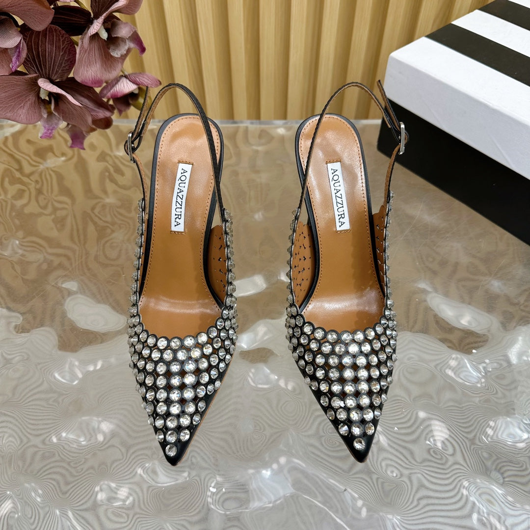 AQUAZZURA 26S SLINGBACK PUMPS 85 MM IN BLACK CALFSKIN WITH CRYSTAL
