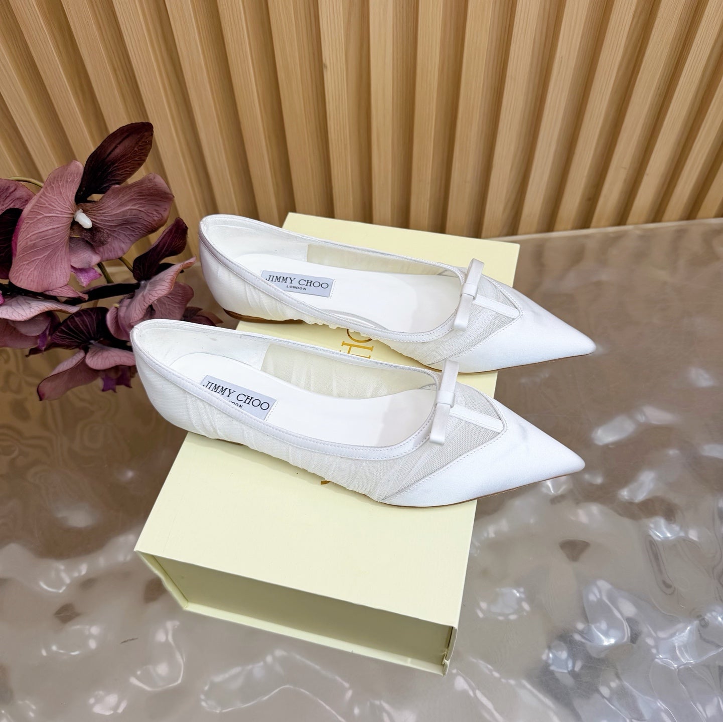JIMMY CHOO 26S FLATS IN WHITE MESH AND SATIN