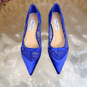 JIMMY CHOO 26S FLATS IN DARK BLUE LACE AND SATIN