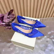 JIMMY CHOO 26S FLATS IN DARK BLUE LACE AND SATIN