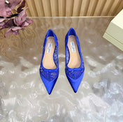 JIMMY CHOO 26S FLATS IN DARK BLUE LACE AND SATIN
