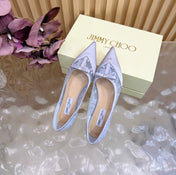 JIMMY CHOO 26S FLATS IN PASTEL BLUE LACE AND SATIN