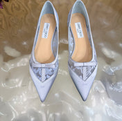 JIMMY CHOO 26S FLATS IN PASTEL BLUE LACE AND SATIN