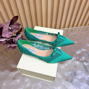 JIMMY CHOO 26S FLATS IN GREEN LACE AND SATIN