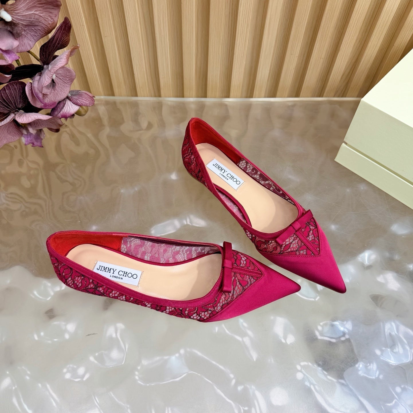 JIMMY CHOO 26S FLATS IN RED LACE AND SATIN