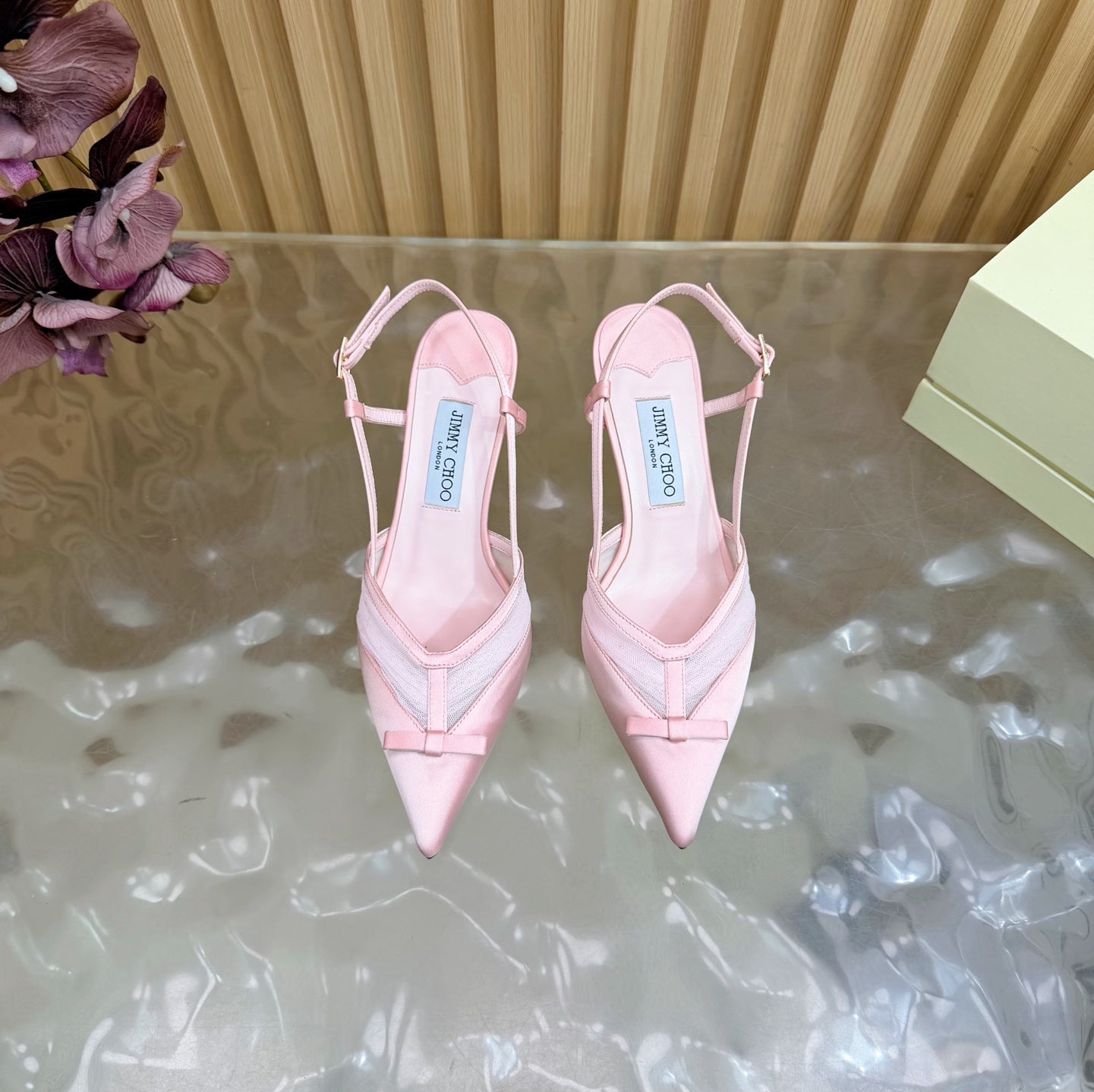 JIMMY CHOO 26S SLINGBACK HEELS 65 MM IN LIGHT PINK MESH AND SATIN