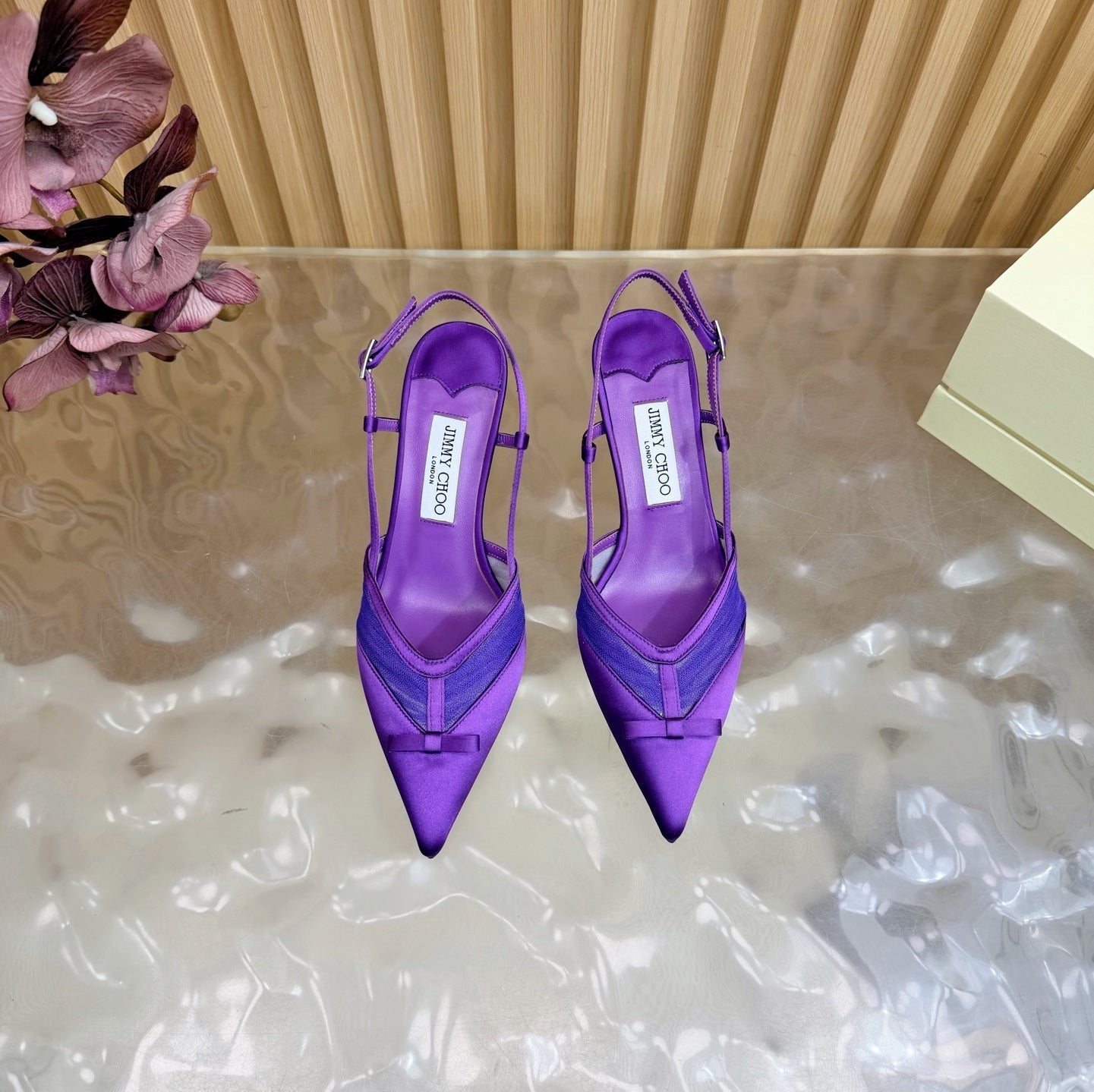 JIMMY CHOO 26S SLINGBACK HEELS 65 MM IN DARK PURPLE MESH AND SATIN