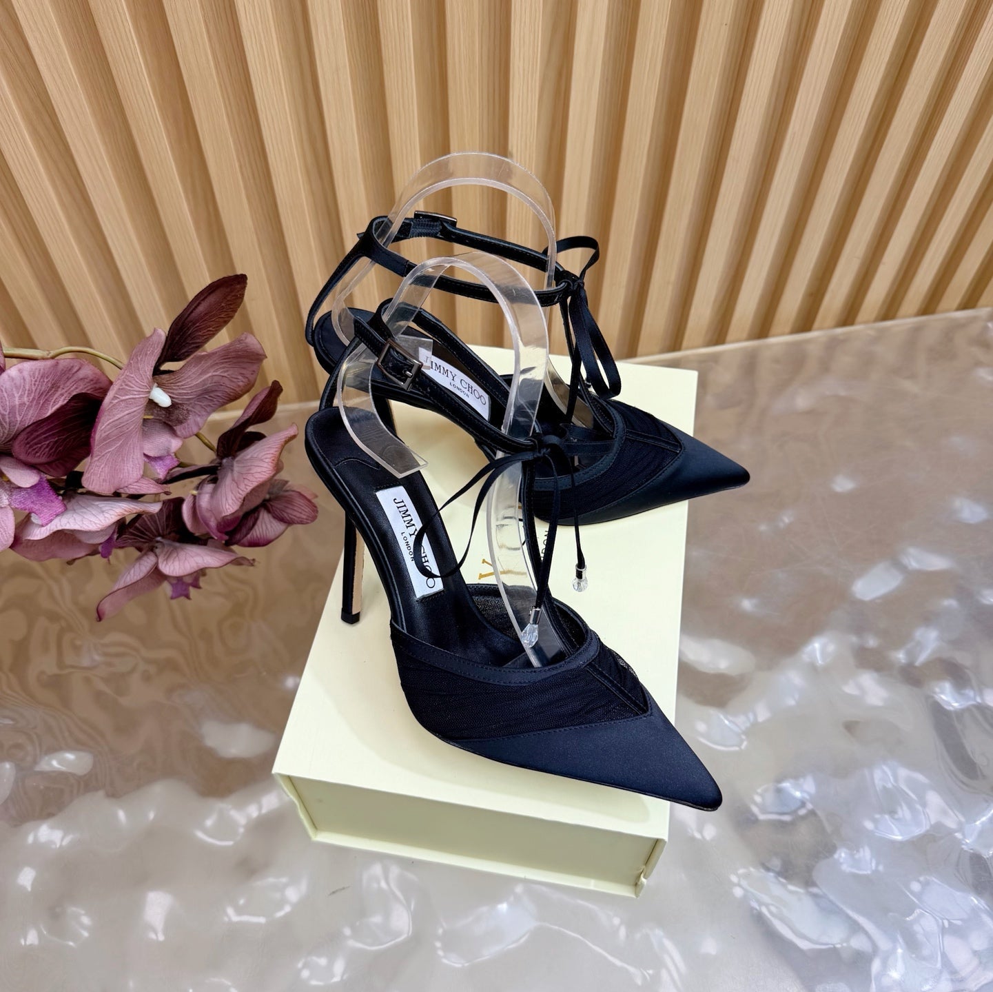 JIMMY CHOO 26S HIGH HEELS 105 MM IN BLACK MESH AND SATIN