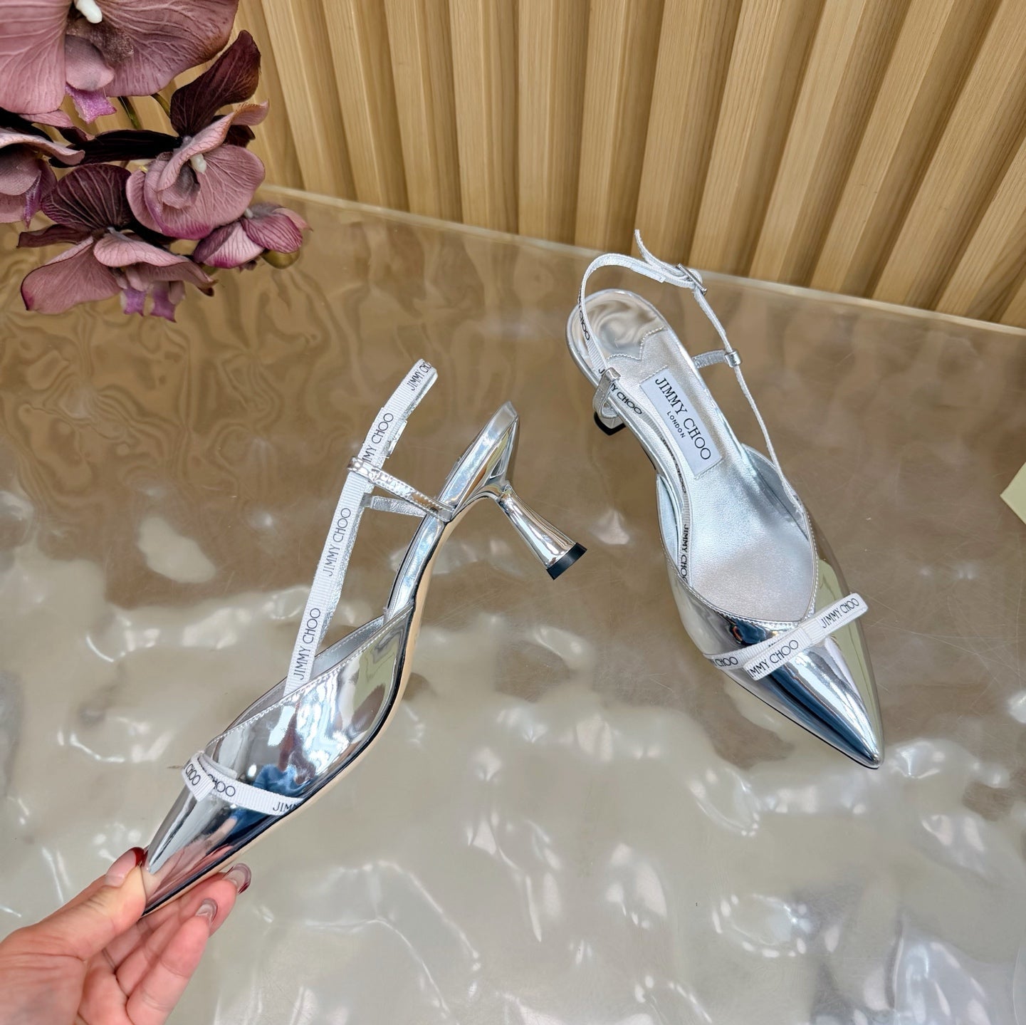 JIMMY CHOO 26S SLINGBACK HEELS 65 MM IN SILVER PATENT CALFSKIN