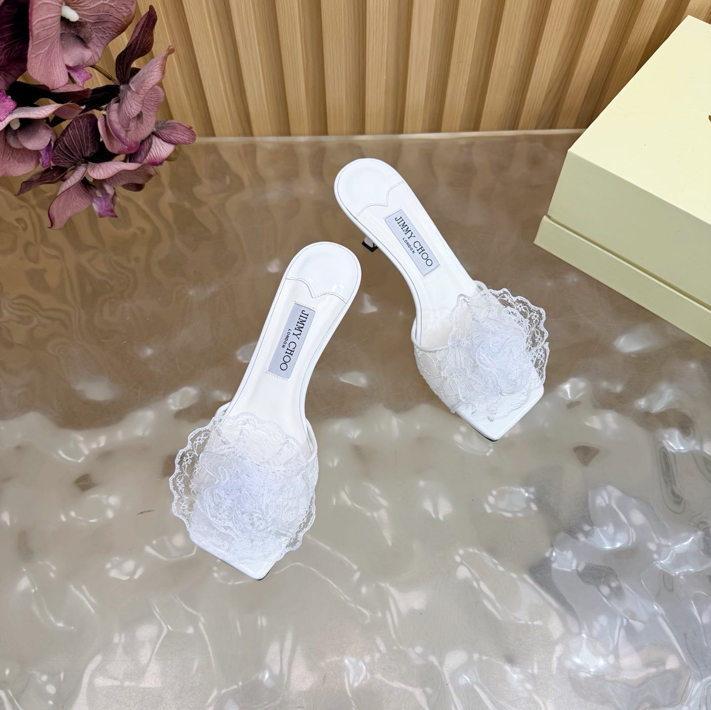JIMMY CHOO 26S HIGH-HEELED SANDALS 65 MM IN WHITE LACE FLOWER