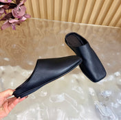 THE ROW 26S SQUARE TOE MULE FLATS IN BLACK CALFSKIN