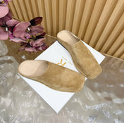 THE ROW 26S SQUARE TOE MULE FLATS IN CAMEL BROWN SUEDE