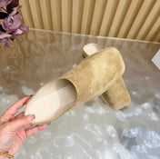 THE ROW 26S SQUARE TOE MULE FLATS IN CAMEL BROWN SUEDE