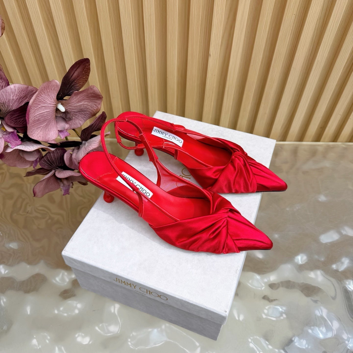 JIMMY CHOO 26S SLINGBACK HEELS 60 MM IN RED SATIN WITH KNOT DETAIL