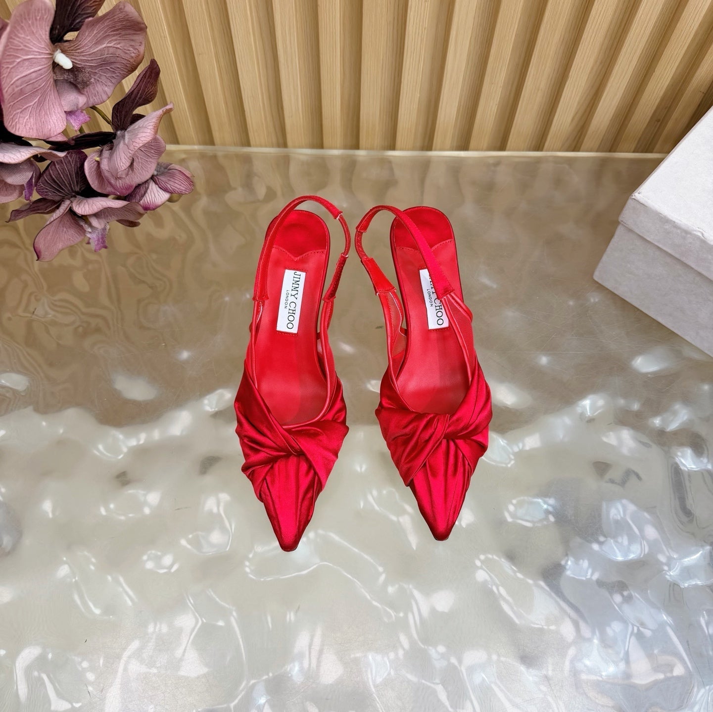 JIMMY CHOO 26S SLINGBACK HEELS 60 MM IN RED SATIN WITH KNOT DETAIL