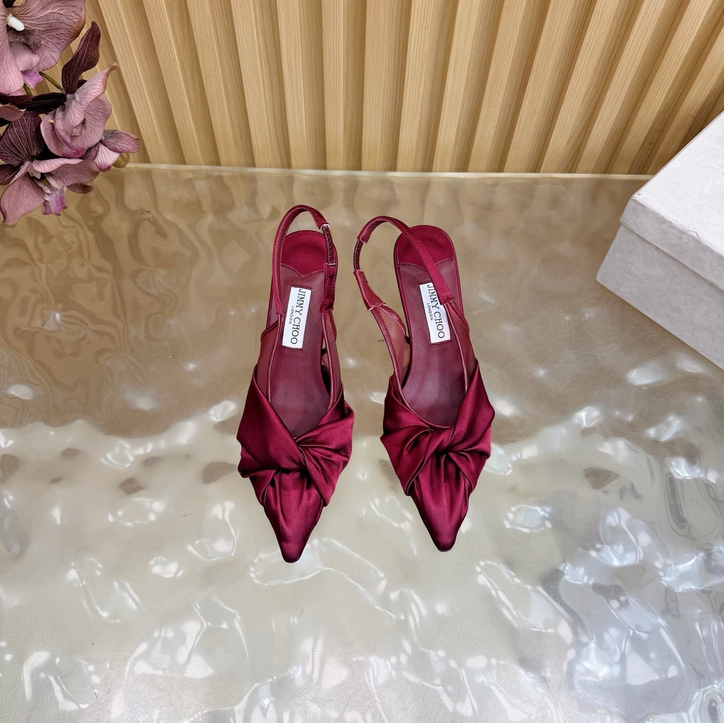 JIMMY CHOO 26S SLINGBACK HEELS 60 MM IN DARK RED SATIN WITH KNOT DETAIL