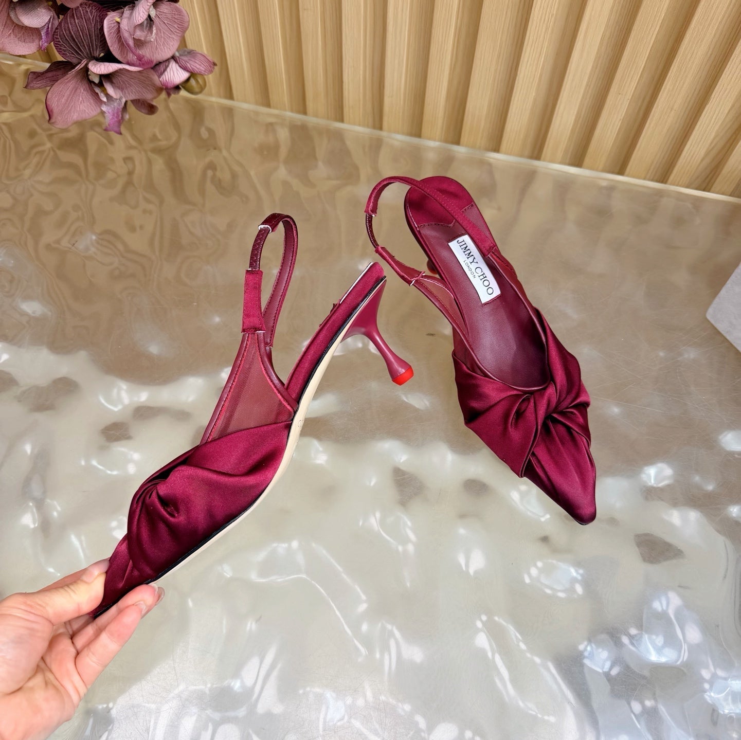 JIMMY CHOO 26S SLINGBACK HEELS 60 MM IN DARK RED SATIN WITH KNOT DETAIL