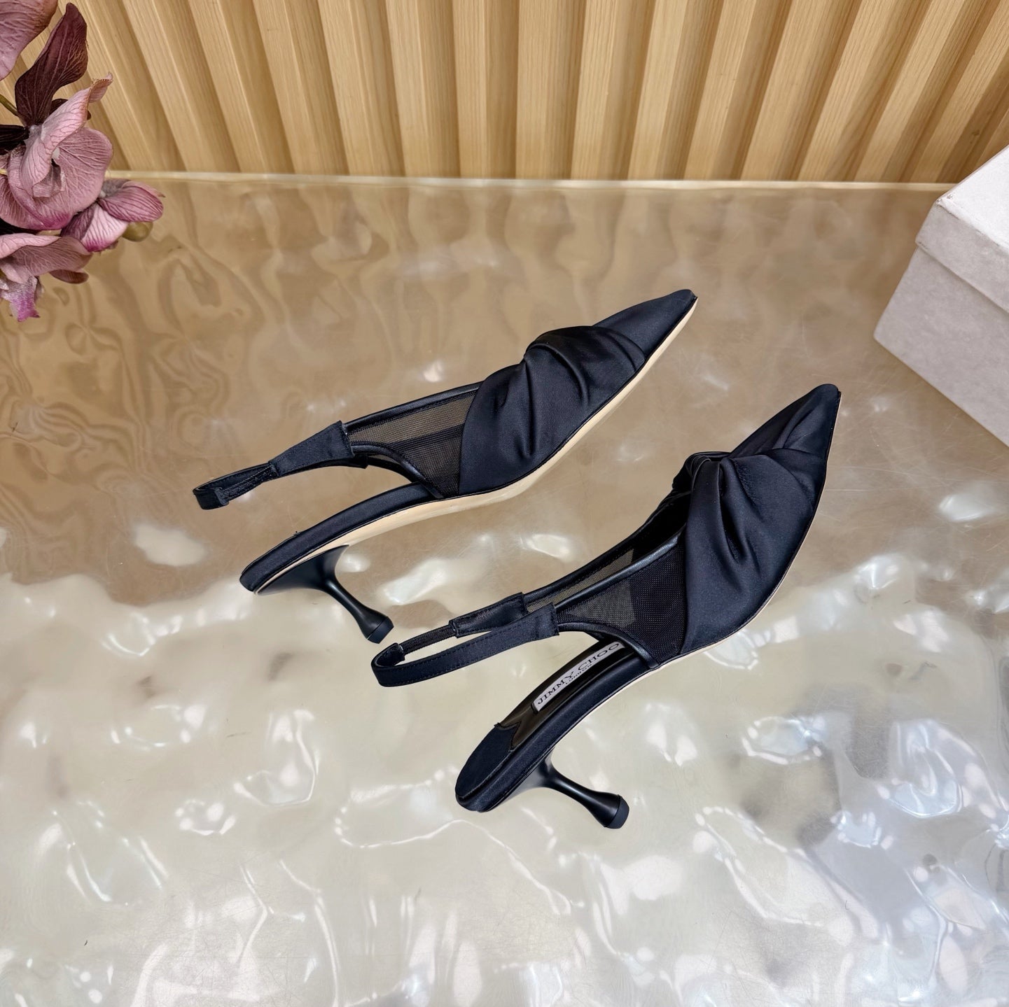 JIMMY CHOO 26S SLINGBACK HEELS 60 MM IN BLACK SATIN WITH KNOT DETAIL
