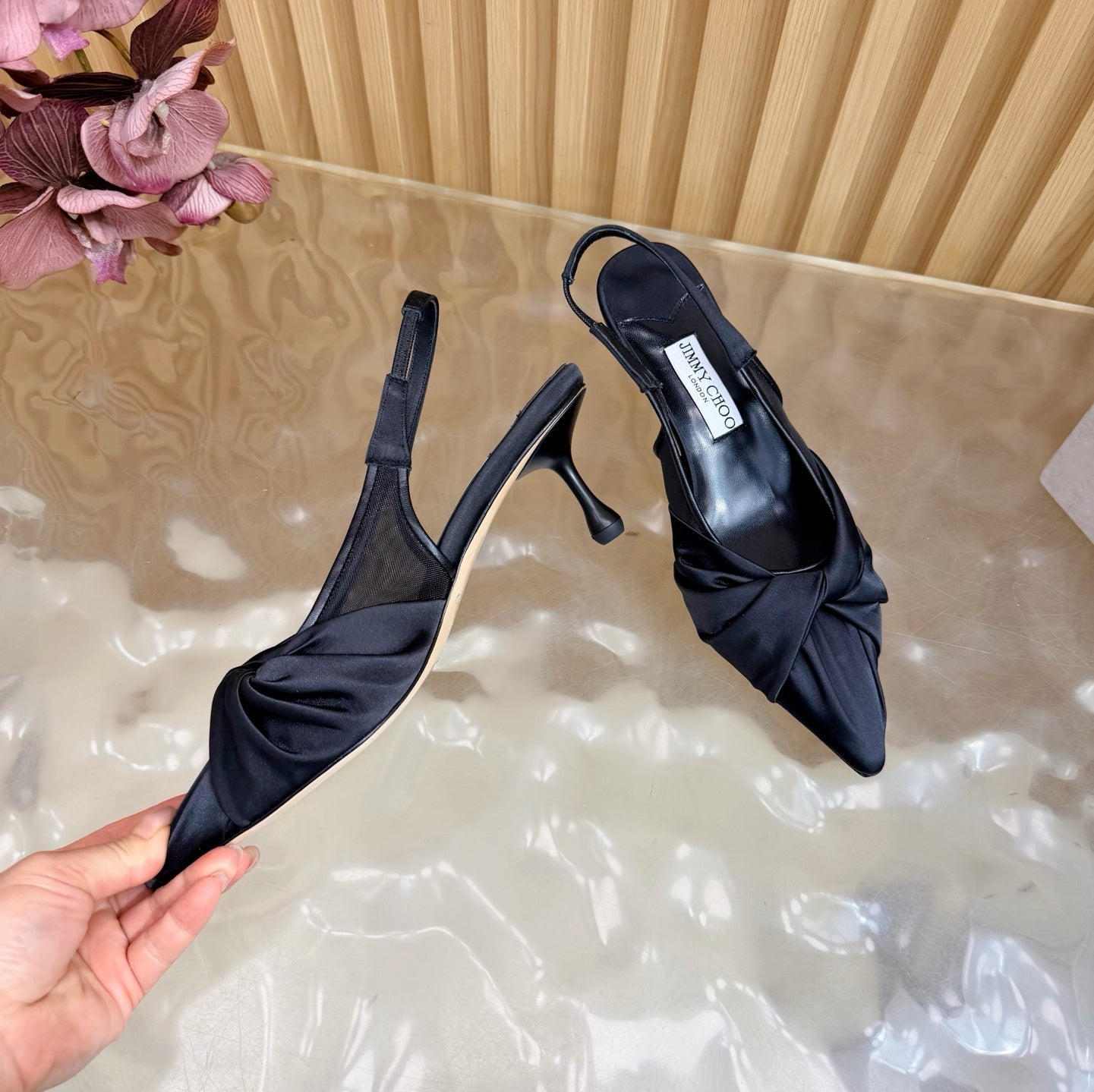 JIMMY CHOO 26S SLINGBACK HEELS 60 MM IN BLACK SATIN WITH KNOT DETAIL