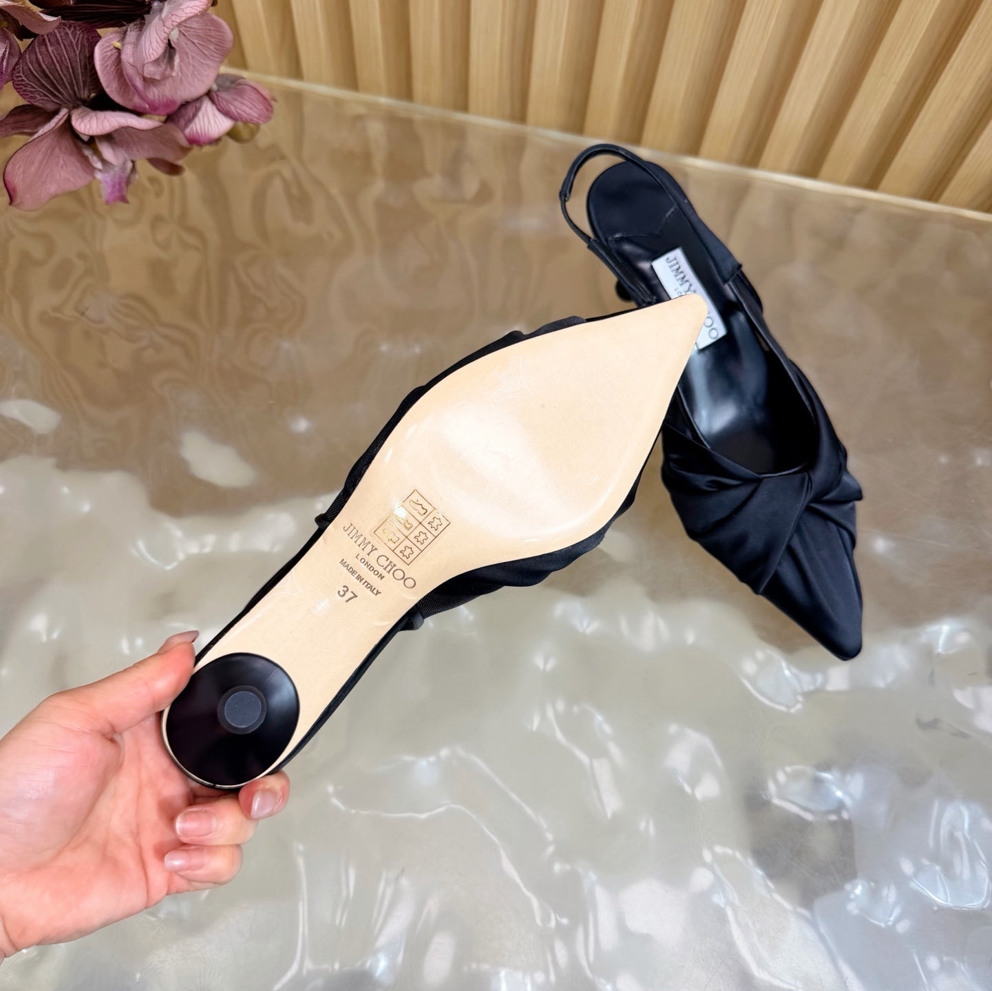 JIMMY CHOO 26S SLINGBACK HEELS 60 MM IN BLACK SATIN WITH KNOT DETAIL
