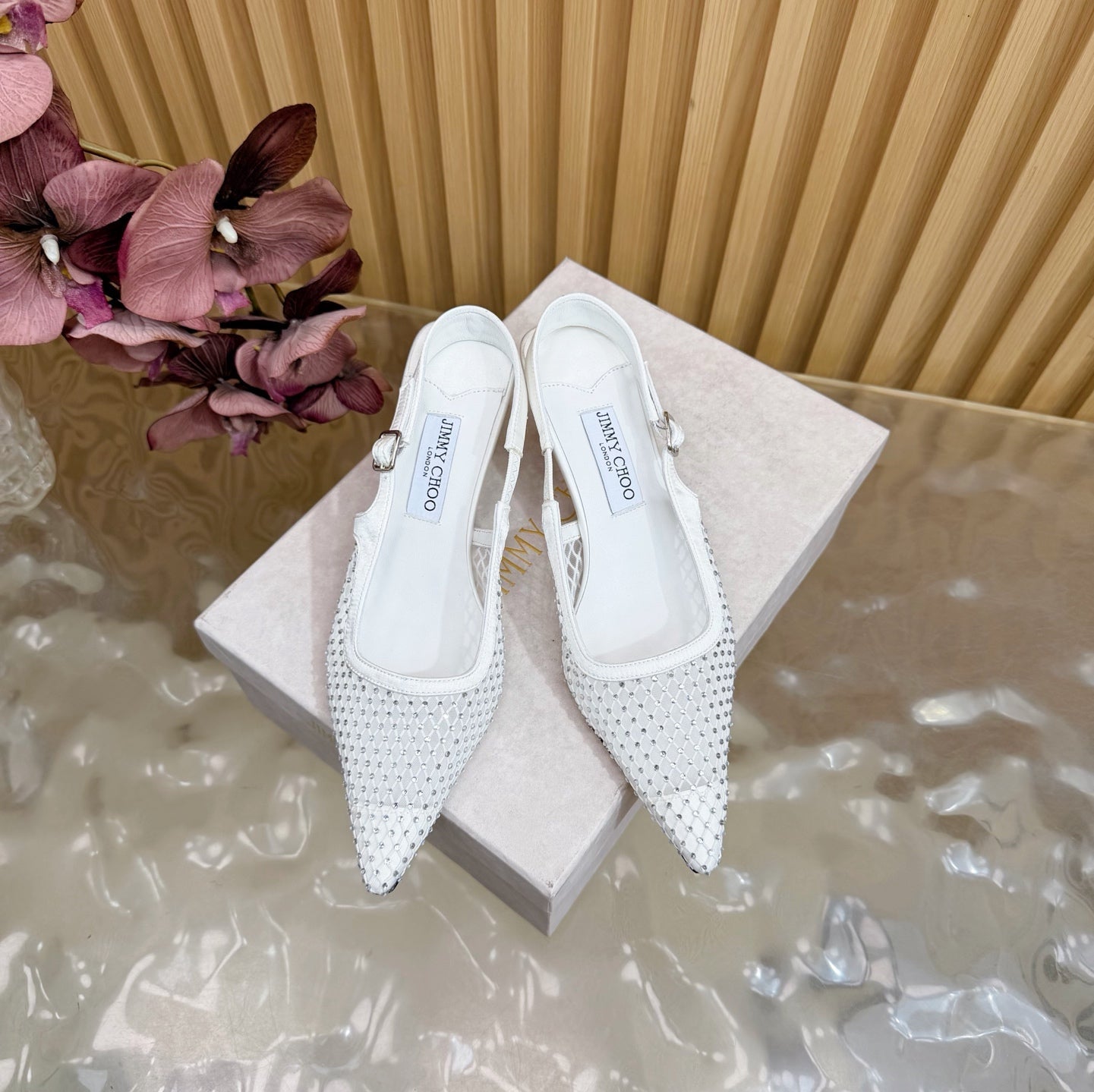 JIMMY CHOO 26S SLINGBACK HEELS 60 MM IN WHITE MESH & CRYSTALS