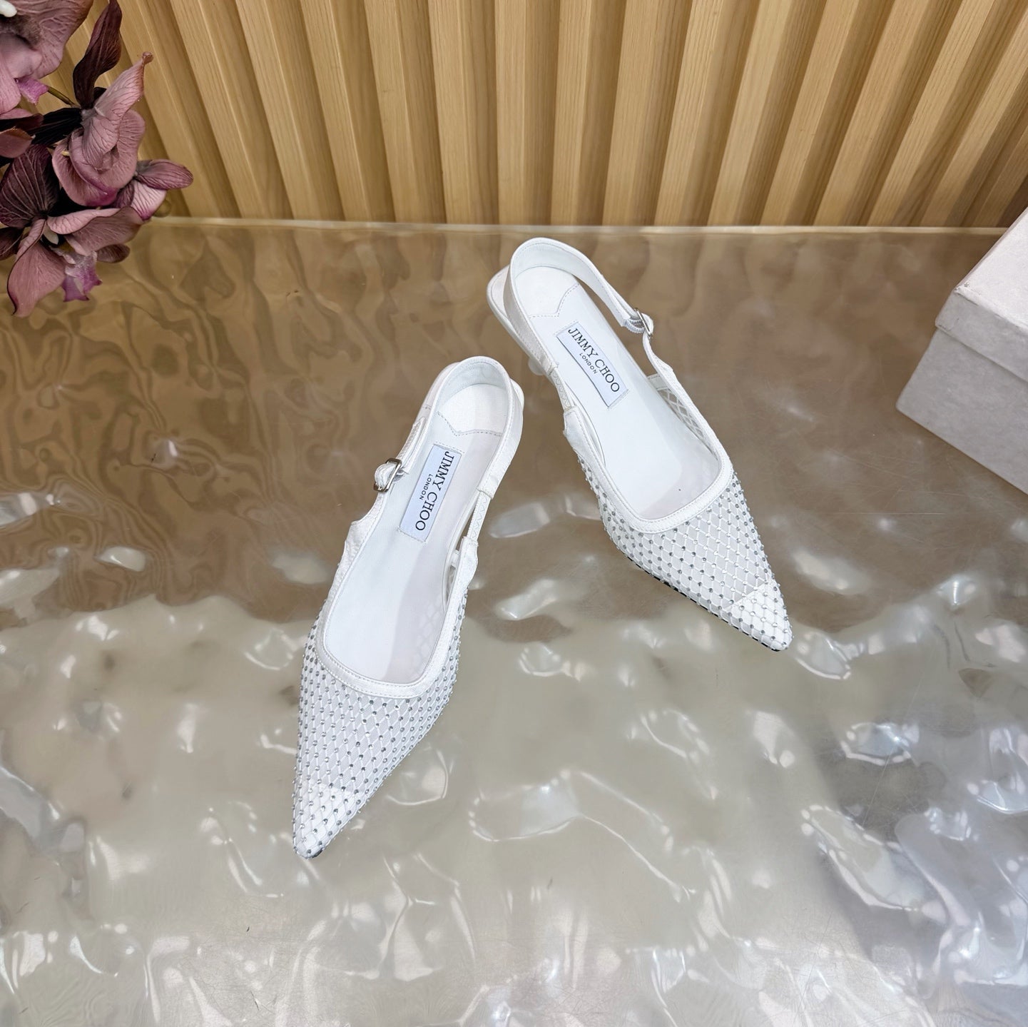 JIMMY CHOO 26S SLINGBACK HEELS 60 MM IN WHITE MESH & CRYSTALS