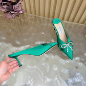 JIMMY CHOO 26S HIGH-HEELED MULES 65 MM IN GREEN SATIN WITH RHINESTONE BOW