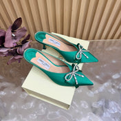 JIMMY CHOO 26S HIGH-HEELED MULES 65 MM IN GREEN SATIN WITH RHINESTONE BOW