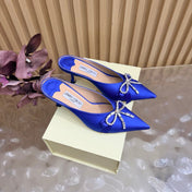 JIMMY CHOO 26S HIGH-HEELED MULES 65 MM IN NAVY BLUE SATIN WITH RHINESTONE BOW
