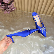 JIMMY CHOO 26S HIGH-HEELED MULES 65 MM IN NAVY BLUE SATIN WITH RHINESTONE BOW